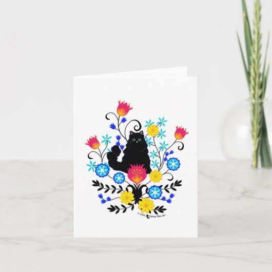 Carte Chat Fluffy Noir avec Fleurs (Devant)
