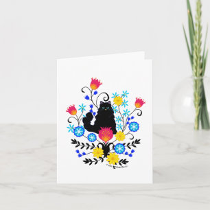 Carte Chat Fluffy Noir avec Fleurs