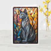 Carte Chat gris aux feuilles de style vitrail (Fleur jaune)