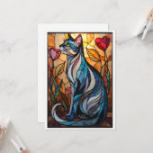 Carte Chat gris avec des fleurs de style vitrail (Devant/Arrière en situation)