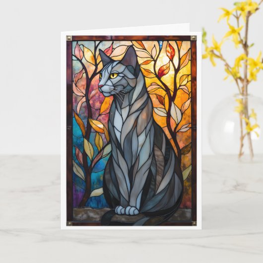 Carte Chat gris avec feuilles de style vitrail (Fleur jaune)