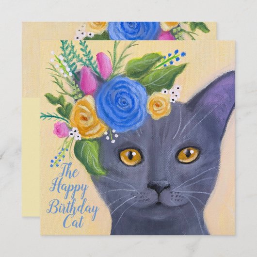 Carte Chat gris avec Fleurs Art Whimsical (Devant / Derrière)