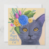 Carte Chat gris avec Fleurs Art Whimsical (Devant)