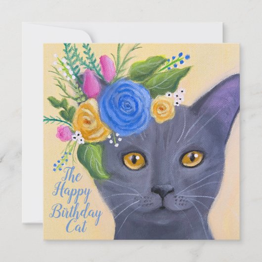 Carte Chat gris avec Fleurs Art Whimsical (Devant)