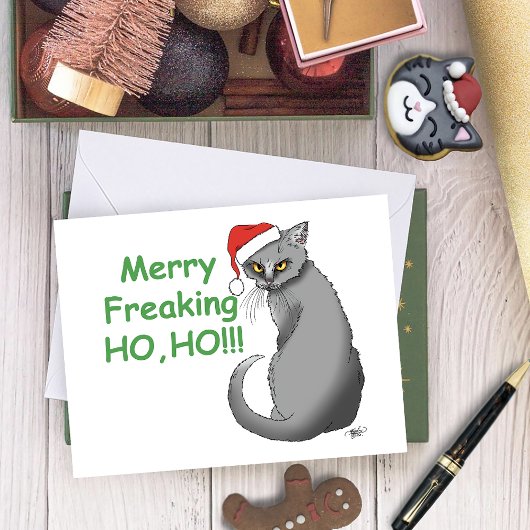 Carte Chat gris de Noël amusant