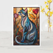 Carte Chat gris de style vitrail avec des fleurs (Fleur jaune)