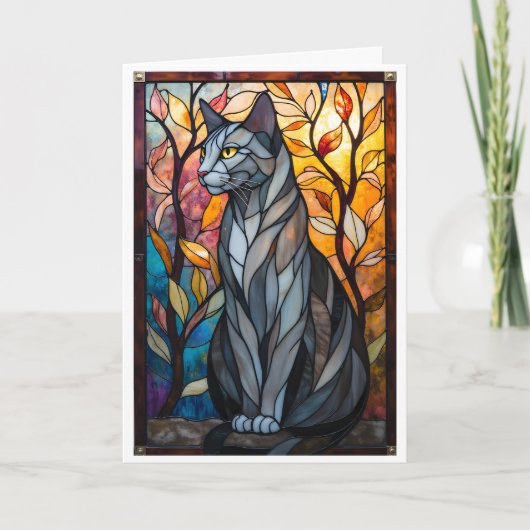 Carte Chat gris de style vitrail avec feuilles (Devant)