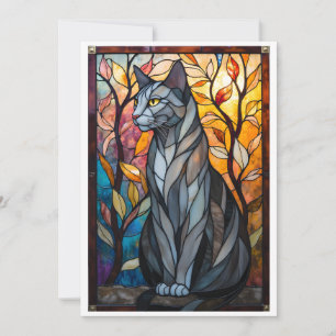 Carte Chat gris de style vitrail avec feuilles
