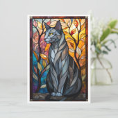 Carte Chat gris de style vitrail avec feuilles (Debout devant)