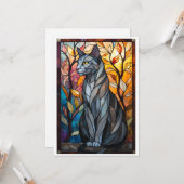 Carte Chat gris de style vitrail avec feuilles (Devant/Arrière en situation)