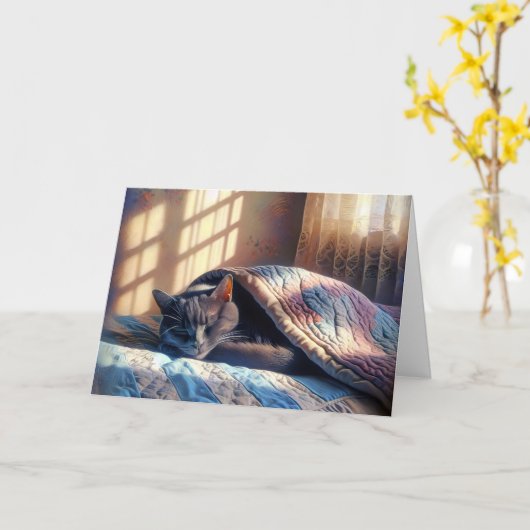 Carte Chat gris dormant d'anniversaire (Fleur jaune)