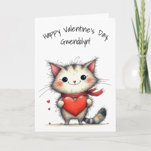 Carte Chat gris et blanc adorable Joyuse Saint-Valentin (Devant)