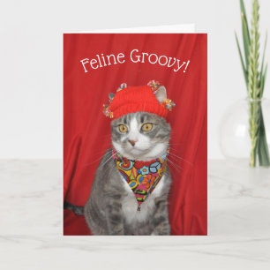 Carte Chat gris et blanc Hippie Valentine's ou Anniversa