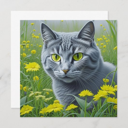Carte Chat gris mignon avec Yellow Eyes Ai Art (Devant / Derrière)