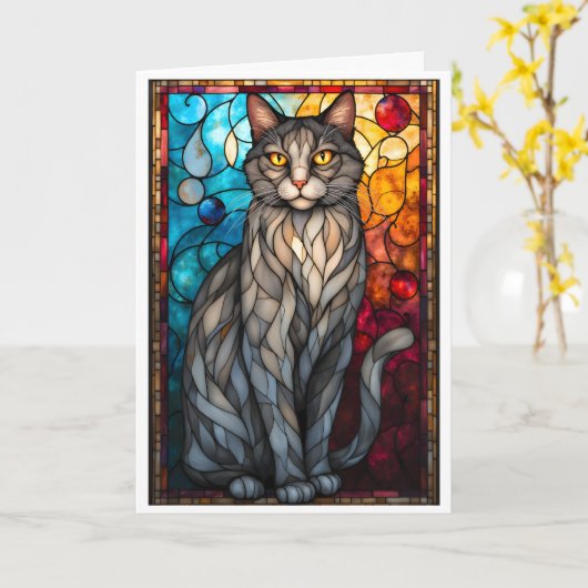 Carte Chat gris style vitrail (Fleur jaune)