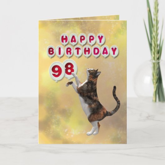 Carte Chat joueuse et 98e Ballons d'anniversaire heureux (Devant)