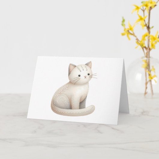 Carte Chat kitté beige brodé Blanc Boho (Fleur jaune)