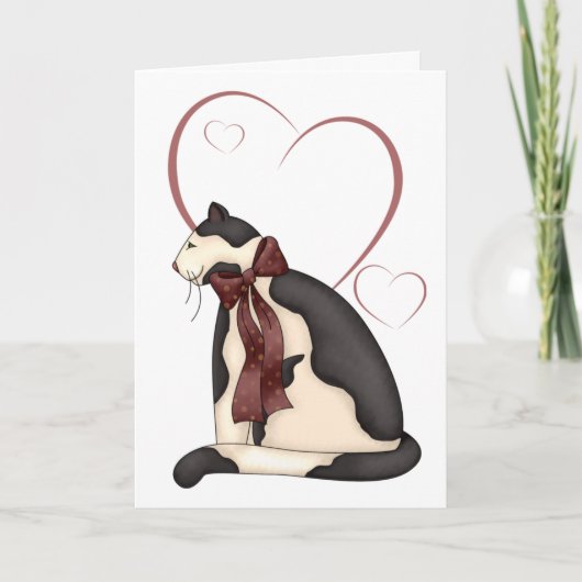 Carte Chat Kitty noir et blanc avec Coeurs Anniversaire (Devant)