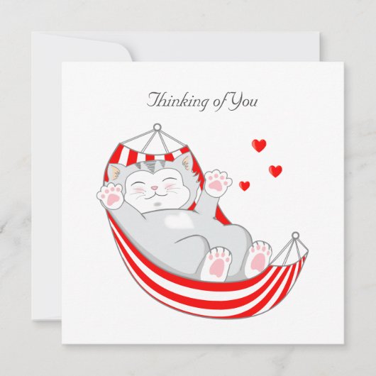 Carte Chat Kitty Pensant à Vous avec des Cœurs dans un H (Devant)