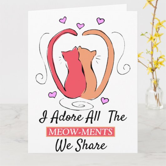 Carte Chat Kitty,Queues de coeur J'adore tous les moment (Fleur jaune)