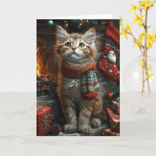 Carte Chat Maine Coon Avec Foyer Cadeaux De Noël