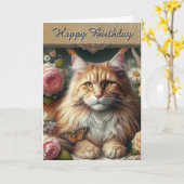 Carte Chat Maine Coon élégant vintage (Fleur jaune)
