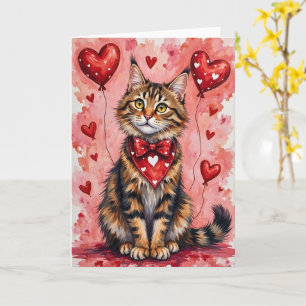 Carte Chat Maine Coon Saint-Valentin Assis avec des Cœur