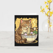 Carte Chat mangeant des nouilles japonaises Ramen (Fleur jaune)