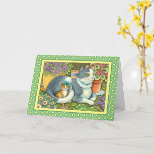 CARTE CHAT MÈRE ET CUISINE, FLEURS POTÉES, BOWS & LACE