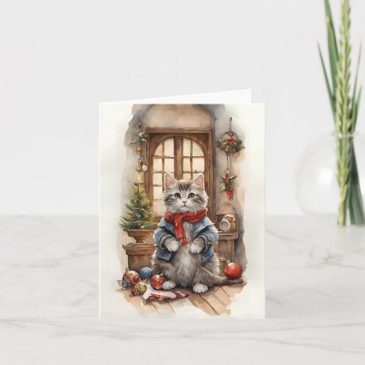 Carte Chat mignon à Noël Veste Écarf Blanc Noël (Devant)
