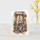 Carte Chat mignon à Noël Veste Écarf Blanc Noël (Fleur jaune)