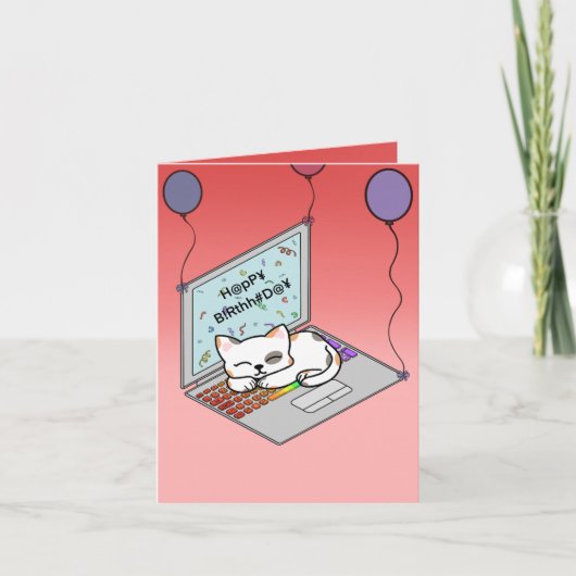 Carte Chat mignon sur un ordinateur portable d'anniversa (Devant)