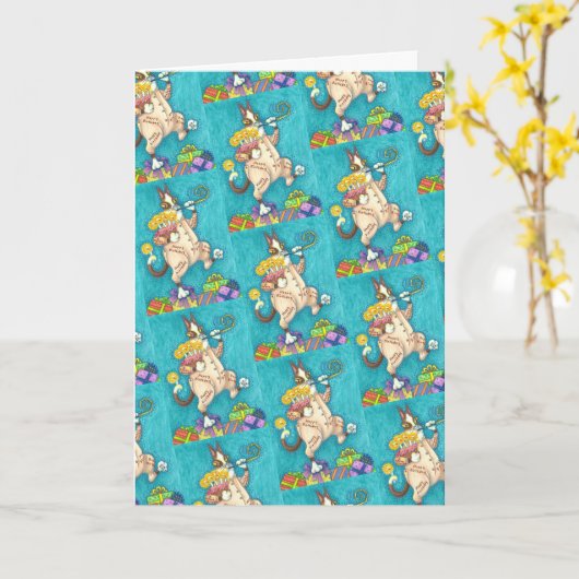 CARTE CHAT N'FITZ EN COUCHER D'ANNIVERSAIRE, GÂTEAU ET B (Fleur jaune)