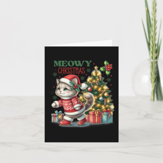 Carte Chat Noël Père Noël Chapeau Et Arbre Drôle Meowny  (Devant)