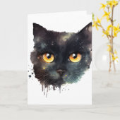 Carte Chat noir à l'aquarelle dégoulinante (Fleur jaune)