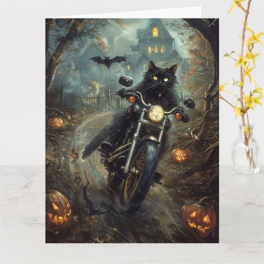 Carte Chat noir à moto Halloween effrayant (Fleur jaune)