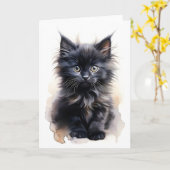 Carte Chat noir à poils longs et fourrure Flou Aquarelle (Fleur jaune)