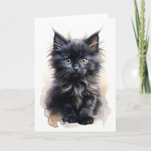 Carte Chat noir à poils longs et fourrure luxuriante Aqu