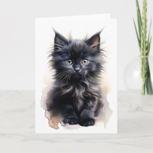 Carte Chat noir à poils longs et fourrure luxuriante Aqu (Devant)