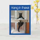 Carte Chat noir accroché à l'arbre de chat (Fleur jaune)