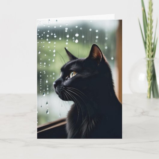Carte Chat Noir Anniversaire Dans La Fenêtre Pluie (Devant)