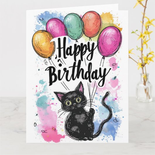 Carte Chat noir avec ballons (Fleur jaune)