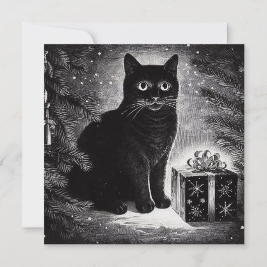 Carte Chat noir avec cadeau de Noël (Devant)