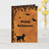 Carte Chat noir avec chauve-souris, Happy Halloween (Fleur jaune)