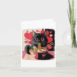 Carte Chat noir avec cœur mangeant des nouilles Ramen à