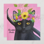 Carte Chat noir avec couronne de fleurs (Devant / Derrière)