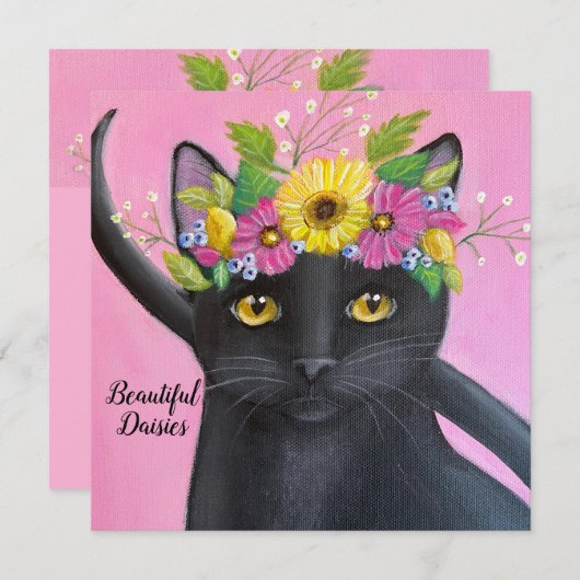 Carte Chat noir avec couronne de fleurs (Devant / Derrière)