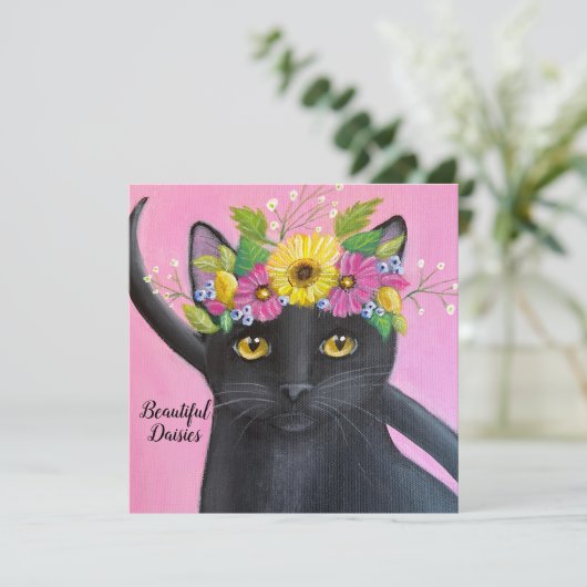 Carte Chat noir avec couronne de fleurs (Debout devant)