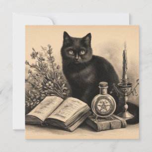 Carte Chat noir avec des livres Illustration vintage
