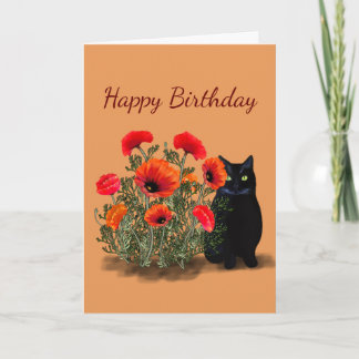 Carte Chat noir avec des pavots Anniversaire